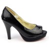 Escarpins peep toe aspect croco verni, noires, bouts ouvert, Jaffa