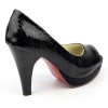 Escarpins peep toe aspect croco verni, noires, bouts ouvert, Jaffa