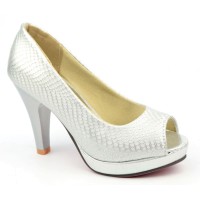 Escarpins peep toe aspect croco verni, argent, bouts ouvert, Jaffa