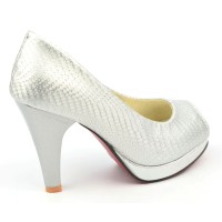 Escarpins peep toe aspect croco verni, argent, bouts ouvert, Jaffa