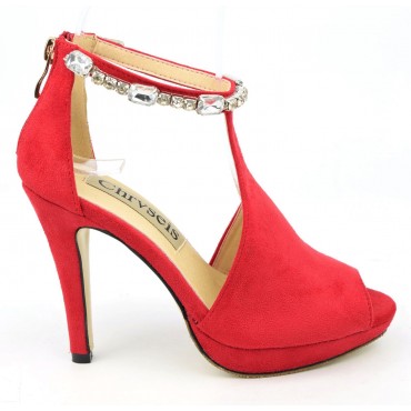 Sandales habillées strass, nubuck, rouges, Mainly, femme petite pointure