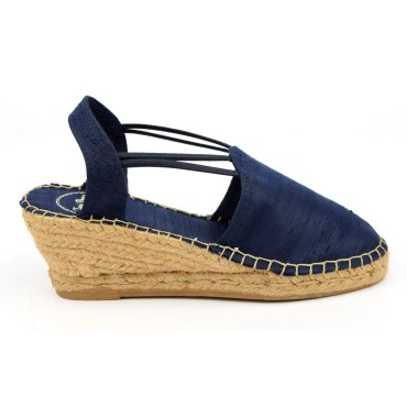 Espadrilles, sandales compensées, soie sauvage, satinées bleu marine, Turia , Toni Pons