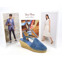 Espadrilles, sandales compensées, cuir daim, bleu jean, Tremp , Toni Pons