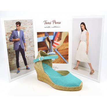 Espadrilles, sandales compensées, tissu, bleu turquoise, Caldes , Toni Pons