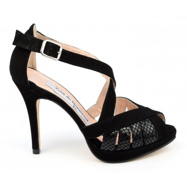 Sandales, cuir daim et cuir serpent, noires, MI-551, Yves de beaumond