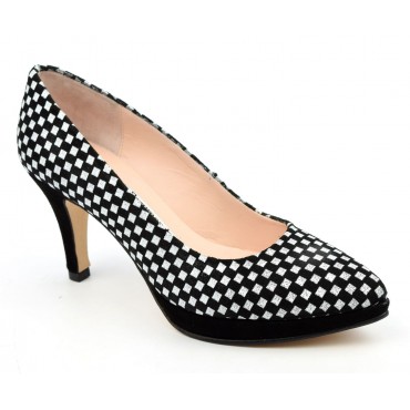 Escarpins plateforme, cuir daim, motif damier noire et blanc, 1301-P, Talon 7,5 cm, Yves de Beaumond