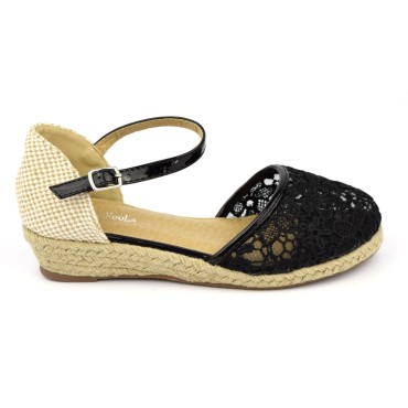 Espadrilles, aspect dentelle noire, petits talons compensés 3 cm