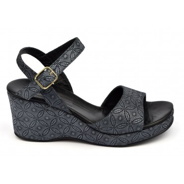 Sandales cuir enrobées tissu imprimé fleuri noir, Yves de Beaumond, 7207