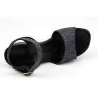 Sandales cuir enrobées tissu imprimé fleuri noir, Yves de Beaumond, 7207