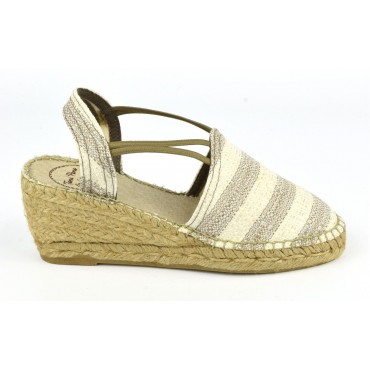 Espadrilles, sandales compensées, tissu, rayures écru et taupe, Tania-CH , Toni Pons