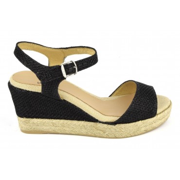 Espadrilles, sandales compensées, cuir pailleté, noires,  Agnes-GS, Toni Pons