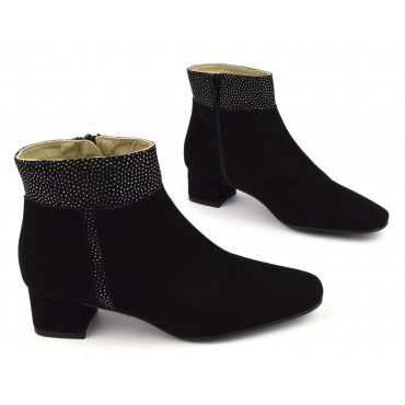 Bottines, cuir daim et strass, noir, F2338