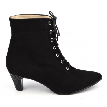 Bottines montantes, lacets, cuir daim noir, MI-210, Yves de Beaumond