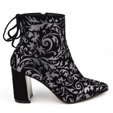 Bottines façon Jacquard, cuir daim noir et argent, 7381, Dansi