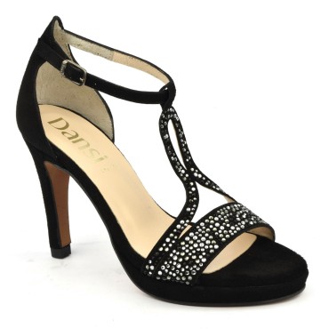 Chaussures de soirée petites pointures, cuir daim noir et strass, 6583, Dansi Spain