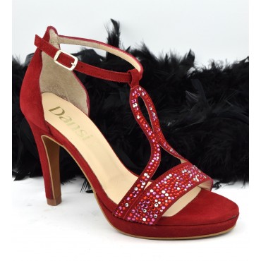 Chaussures de soirée petites pointures, cuir daim rouge et strass, 6583, Dansi Spain