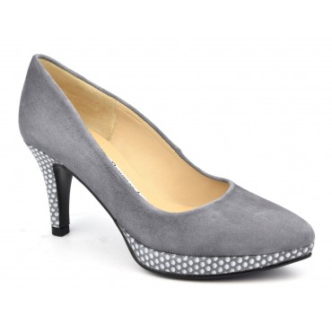 Escarpins plateforme, cuir daim gris, 1301-P, Talon 7,5 cm, Yves de Beaumond