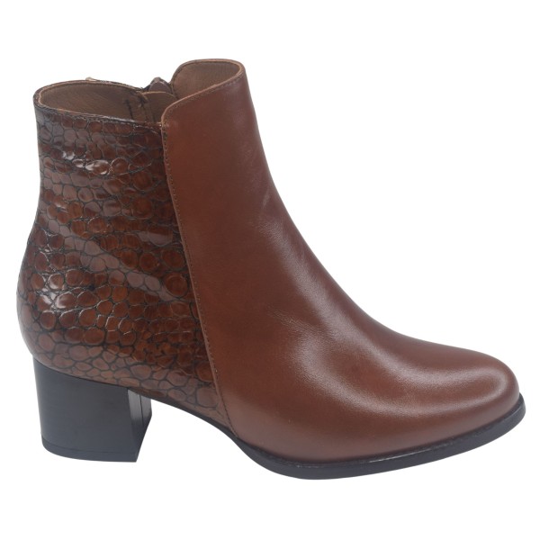 Bottines Bi-matière, Cuir Lisse et Croco Verni Cognac, 245445, Piesanto, femme petite pointure 33 34