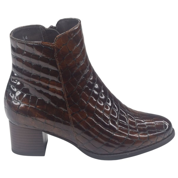 Bottines, Cuir Croco Verni Marron Foncé, 245445, Piesanto, petite pointure 33 34