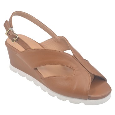 Sandales Compensées, Cuir Lisse Cognac, 34761, Mella Italie, chaussures compensées petites pointures femme