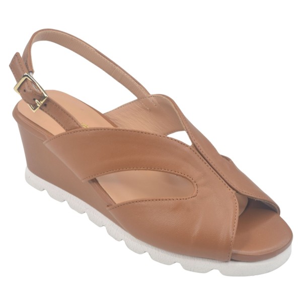 Sandales Compensées, Cuir Lisse Cognac, 34761, Mella Italie, chaussures compensées petites pointures femme