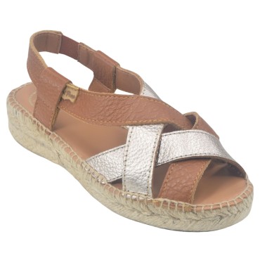 Espadrilles Cuir Craquelé, Marron et Or, Toni Pons, petites tailles 33 34 35