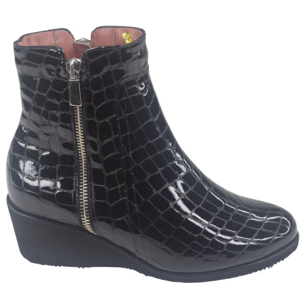 Bottines Compensées, Cuir Croco Verni Noir, 35307, Mella Italie, chaussures compensées femme petites pointures