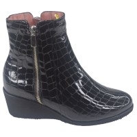 Bottines Compensées, Cuir Croco Verni Noir, 35307, Mella Italie, chaussures compensées femme petites pointures