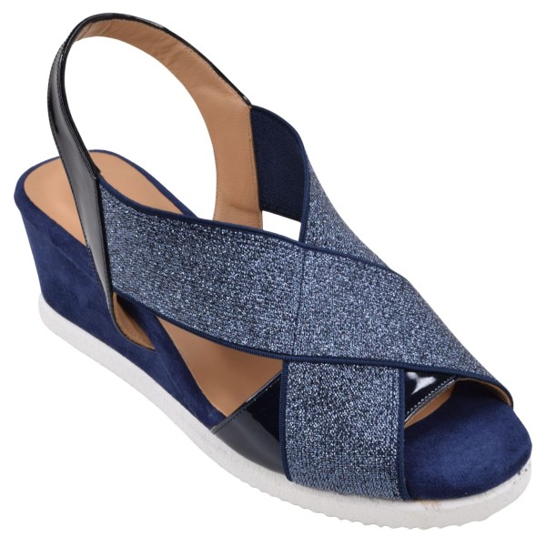 Sandales Compensées, Cuir Suédine et Pailleté Bleu, 35742, Mella Italie, petites pointures 33 34