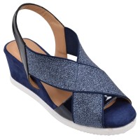 Sandales Compensées, Cuir Suédine et Pailleté Bleu, 35742, Mella Italie, petites pointures 33 34