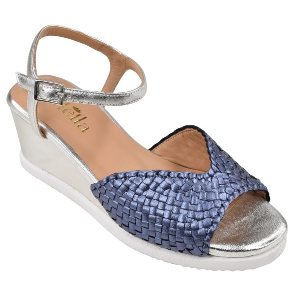 Sandales compensées cuir tressé bleu Mella vue extérieure