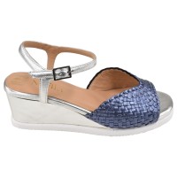 Sandales compensées Mella 35749 cuir tressé bleu petite pointure 33 34 profil