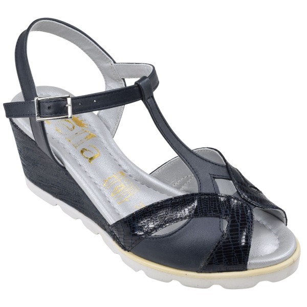 sandales compensées cuir bleu marine Mella Italie 1924 petites pointures 33 34 vue trois quarts externe