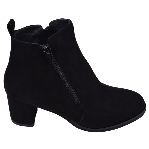 Profil extérieur des bottines daim noir Mella Italie 2398 avec double fermeture éclair