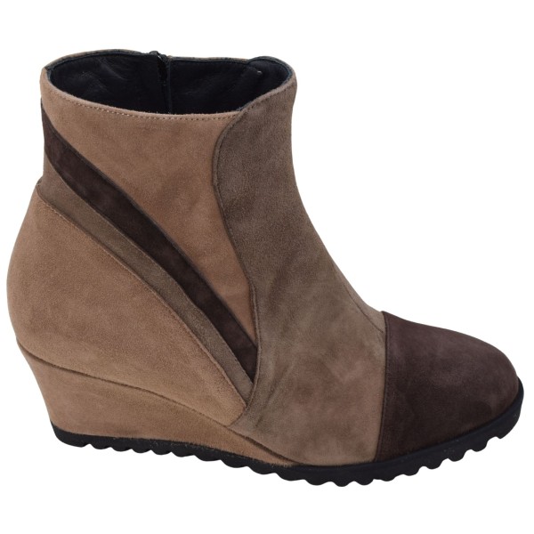 Profil des bottines compensées Mella Italie 86 en cuir velours taupe et chocolat