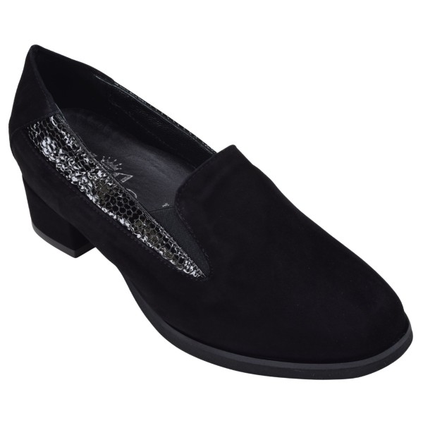 Mocassins femme en daim noir Mella Italie 2037 vue de trois quarts